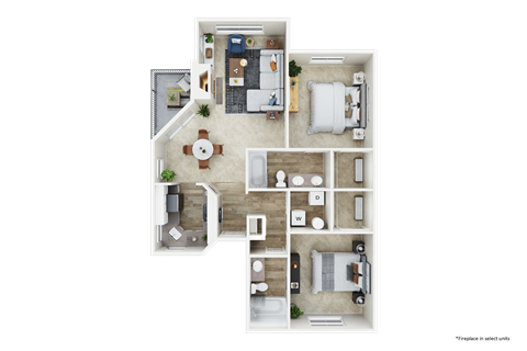 Floor plan for 2 beds, 2 baths, 1005 sqft